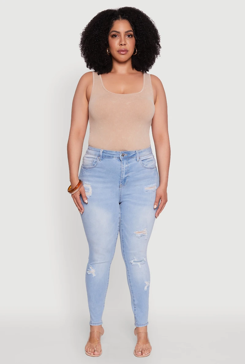 Womens Plus Size WAX Distressed High Waisted Skinny Jeans, Blue, Size 14