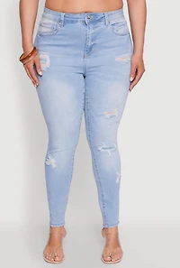 Womens Plus Size WAX Distressed High Waisted Skinny Jeans, Blue, Size 20