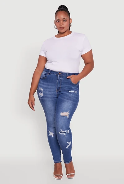 Womens Plus Size WAX Distressed High Waisted Skinny Jeans, Blue, Size 18
