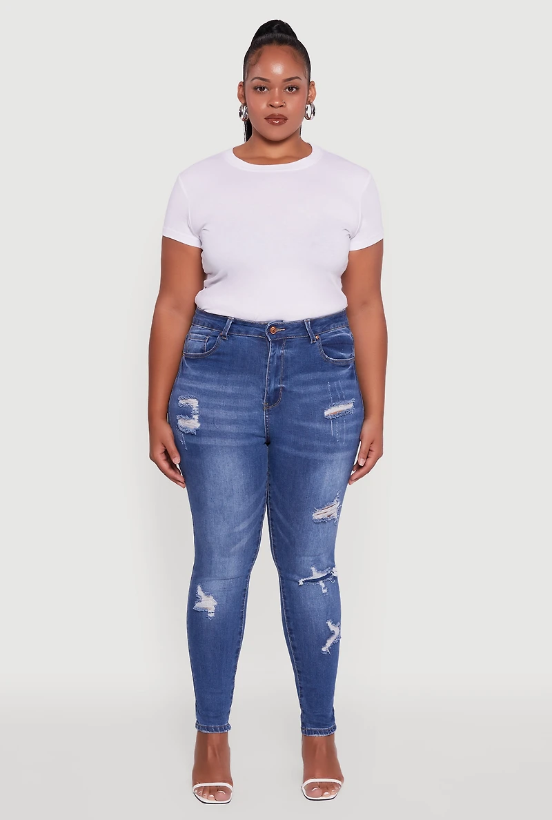 Womens Plus WAX Distressed High Waisted Skinny Jeans, Blue,