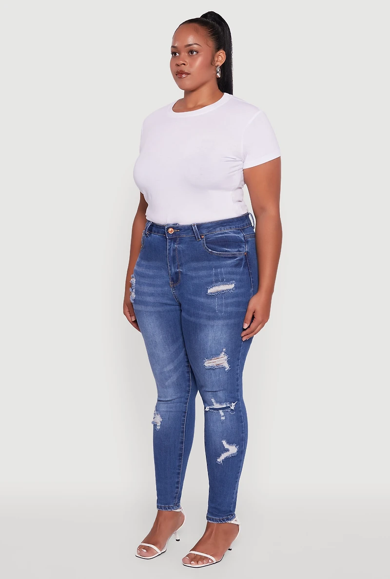 Womens Plus WAX Distressed High Waisted Skinny Jeans, Blue,