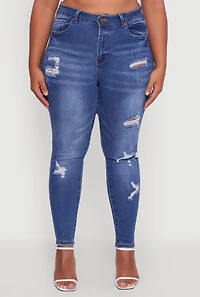Womens Plus WAX Distressed High Waisted Skinny Jeans, Blue,