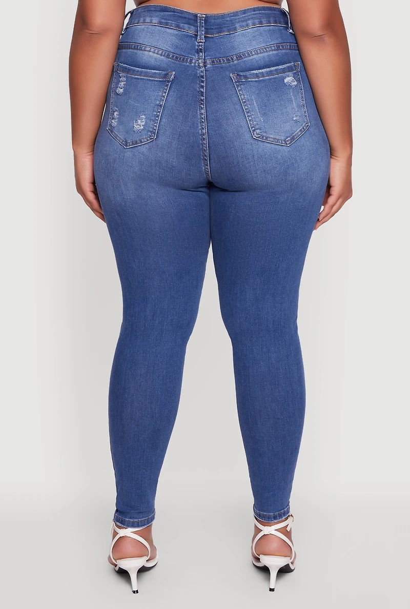 Womens Plus WAX Distressed High Waisted Skinny Jeans, Blue,