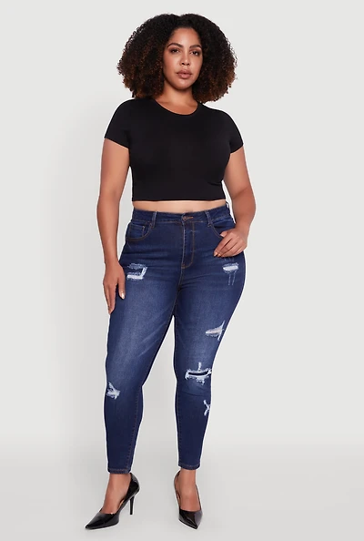 Womens Plus WAX Distressed High Waisted Skinny Jeans, Blue,