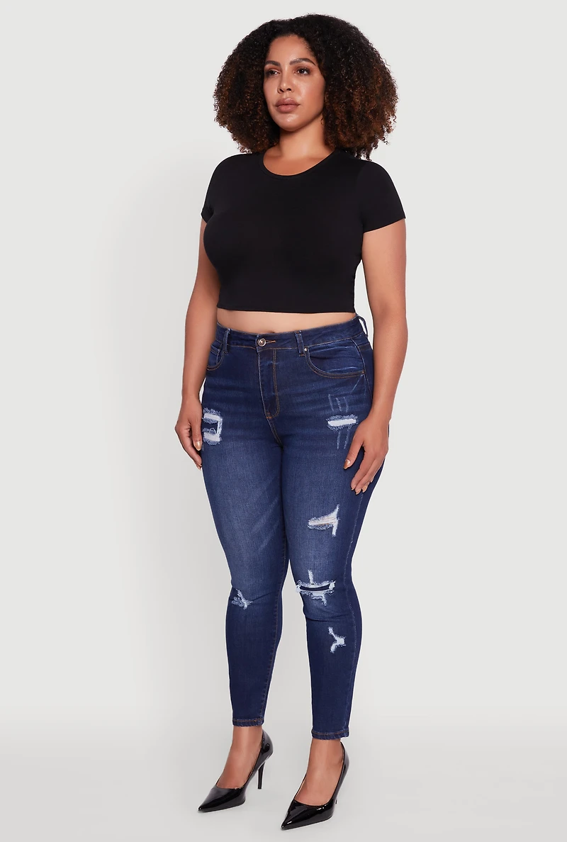 Womens Plus WAX Distressed High Waisted Skinny Jeans, Blue,