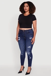 Womens Plus WAX Distressed High Waisted Skinny Jeans, Blue,