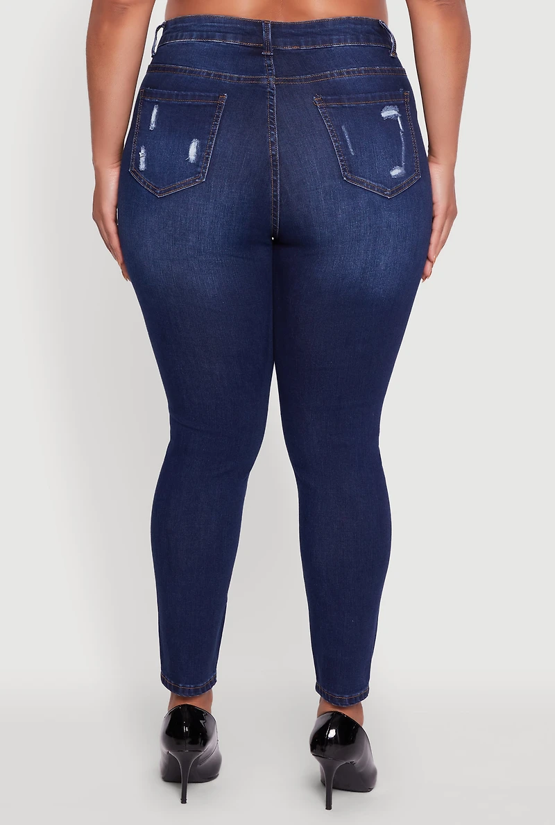 Womens Plus WAX Distressed High Waisted Skinny Jeans, Blue,