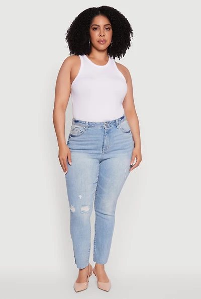 Womens Plus Size Trendy High Waisted Distressed Whiskered Jeans, Blue, Size 18