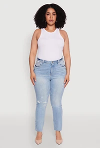 Womens Plus Size Trendy High Waisted Distressed Whiskered Jeans, Blue, Size 14