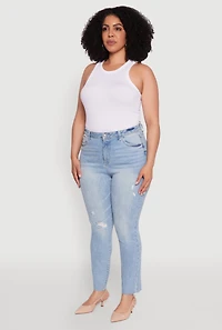 Womens Plus Size Trendy High Waisted Distressed Whiskered Jeans, Blue, Size 14