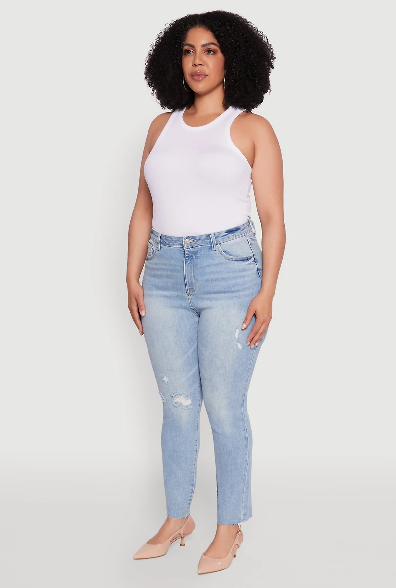Womens Plus Trendy High Waisted Distressed Whiskered Jeans, Blue,