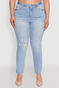 Womens Plus Size Trendy High Waisted Distressed Whiskered Jeans, Blue, Size 14