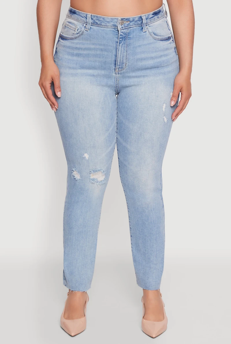 Womens Plus Size Trendy High Waisted Distressed Whiskered Jeans, Blue, Size 20