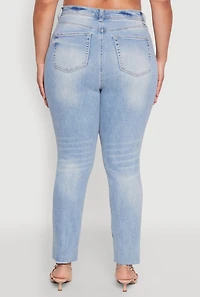 Womens Plus Size Trendy High Waisted Distressed Whiskered Jeans, Blue, Size 14