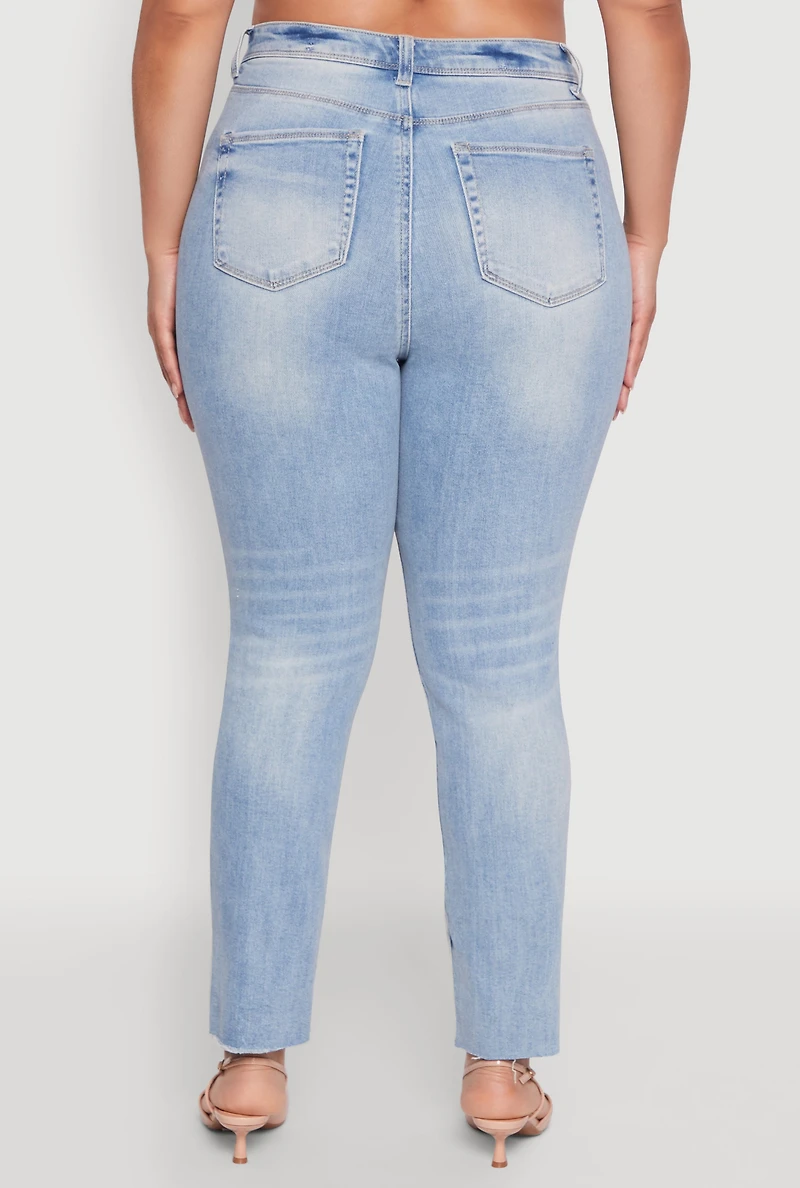 Womens Plus Size Trendy High Waisted Distressed Whiskered Jeans, Blue, Size 20
