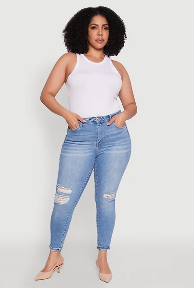 Womens Plus Size WAX Trendy High Waisted Distressed Skinny Jeans, Blue, Size 20