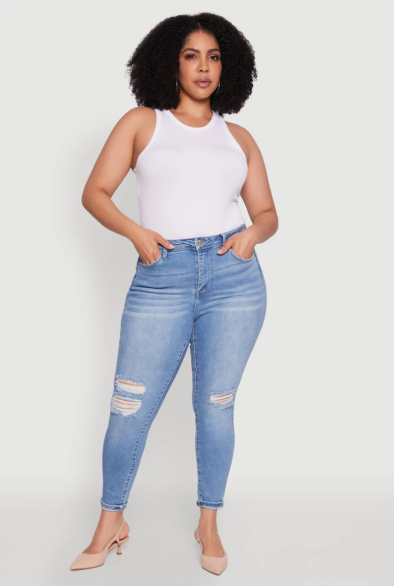Womens Plus Size WAX Trendy High Waisted Distressed Skinny Jeans, Blue, Size 16