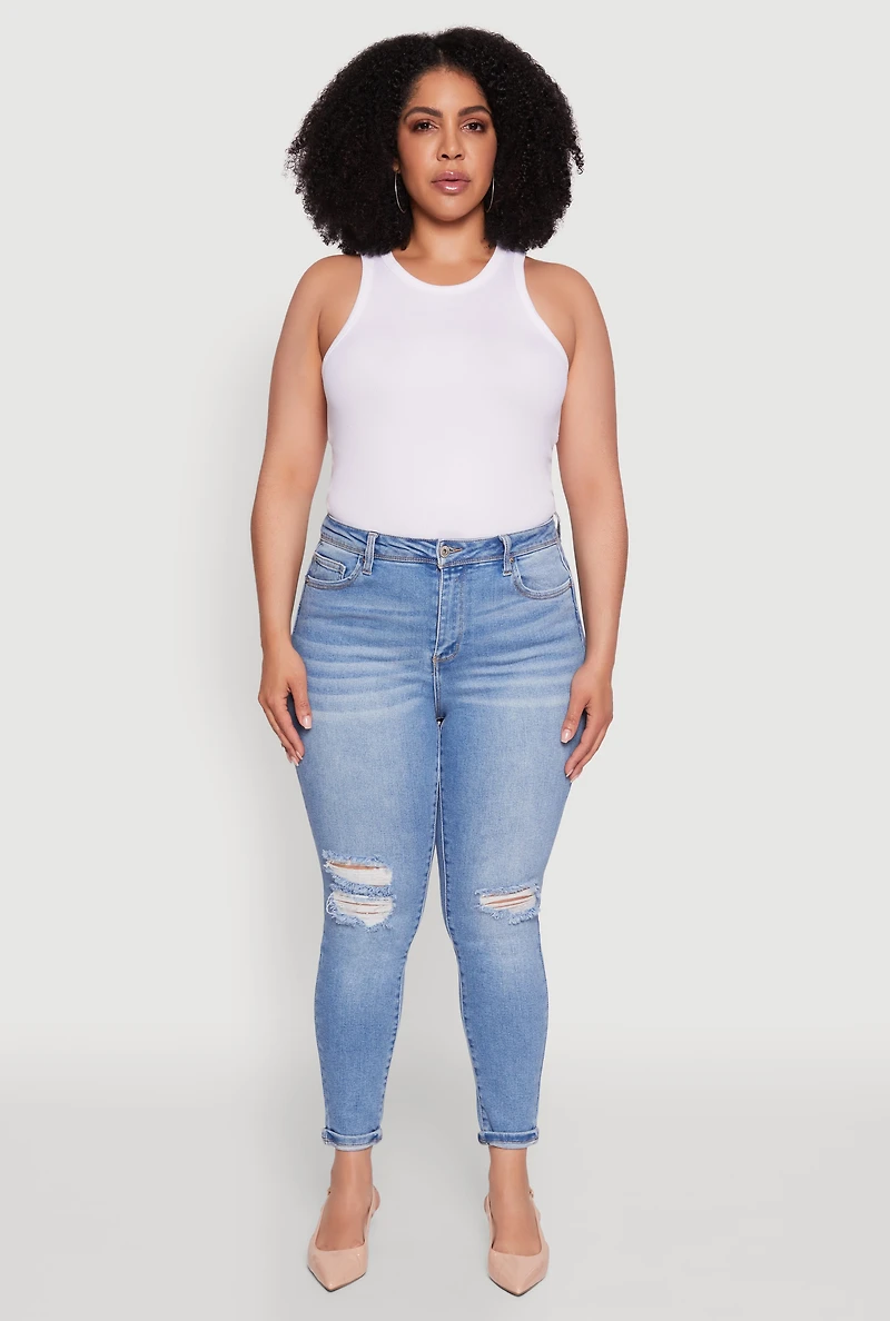 Womens Plus Size WAX Trendy High Waisted Distressed Skinny Jeans, Blue, Size 16