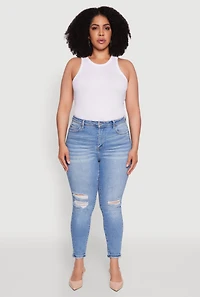 Womens Plus Size WAX Trendy High Waisted Distressed Skinny Jeans, Blue, Size 16