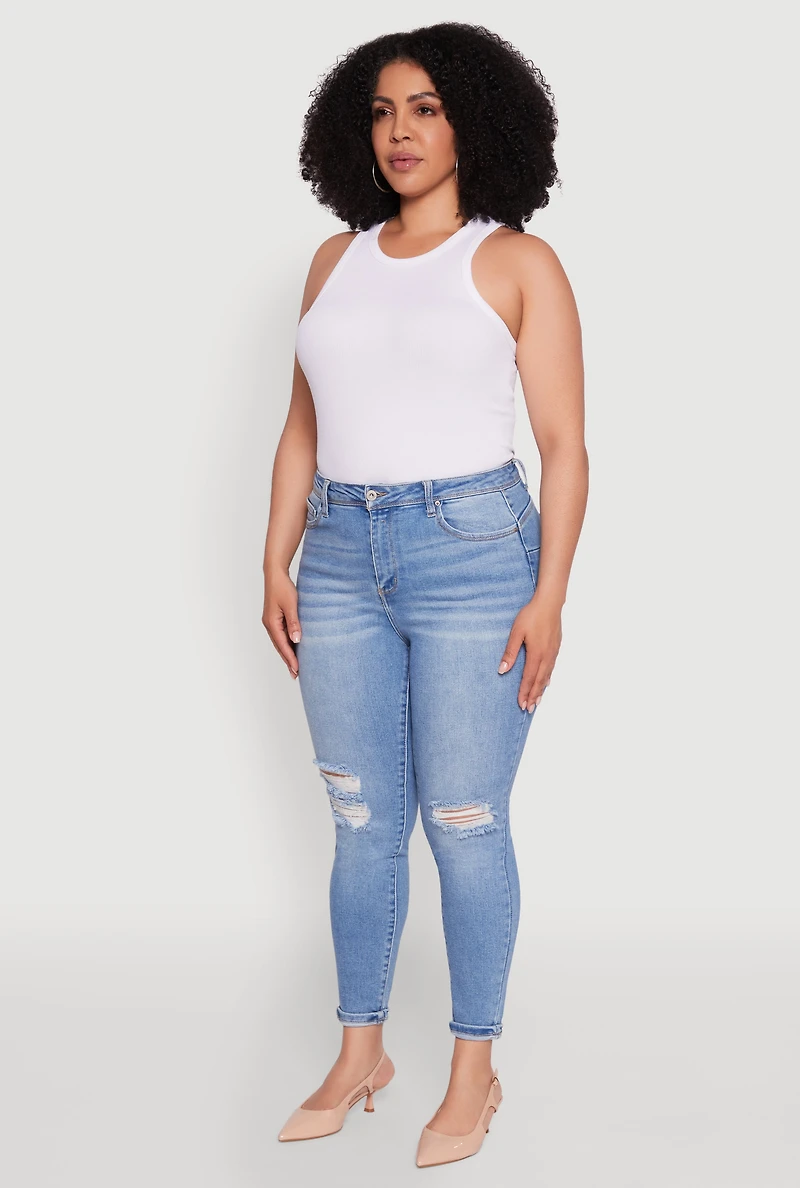 Womens Plus Size WAX Trendy High Waisted Distressed Skinny Jeans, Blue, Size 16