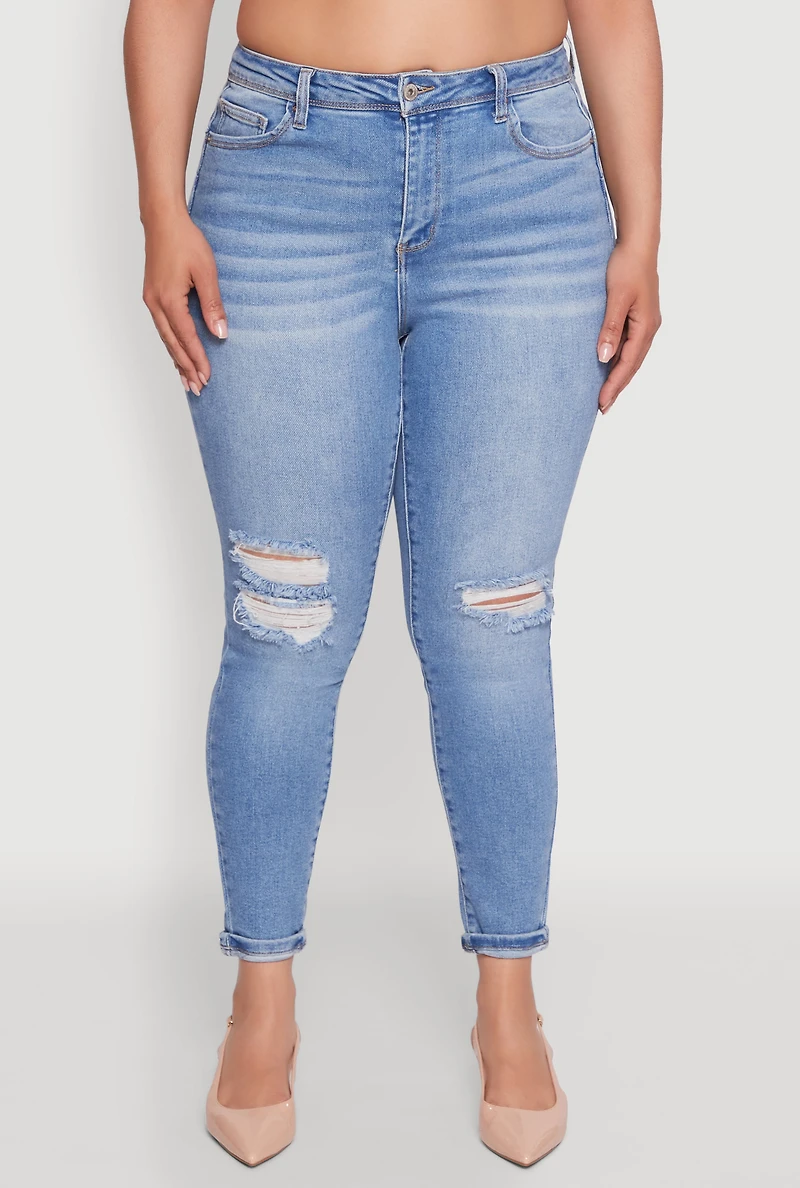 Womens Plus Size WAX Trendy High Waisted Distressed Skinny Jeans, Blue, Size 16