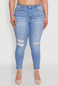 Womens Plus Size WAX Trendy High Waisted Distressed Skinny Jeans, Blue, Size 16