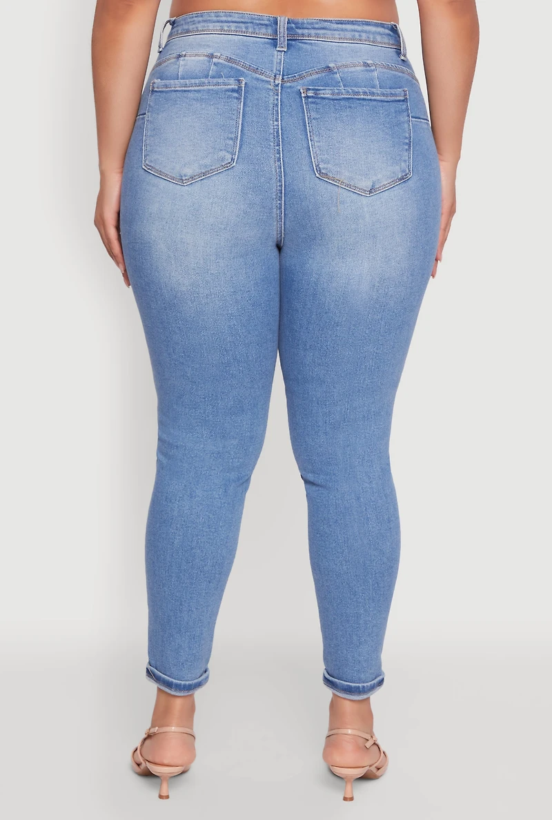 Womens Plus Size WAX Trendy High Waisted Distressed Skinny Jeans, Blue, Size 16