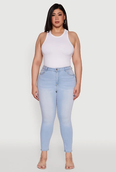 Womens Plus WAX High Waist Whiskered Jeans, Blue,