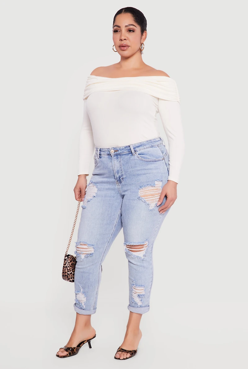 Plus WAX Rolled Cuff Distressed Jeans