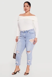 Plus WAX Rolled Cuff Distressed Jeans