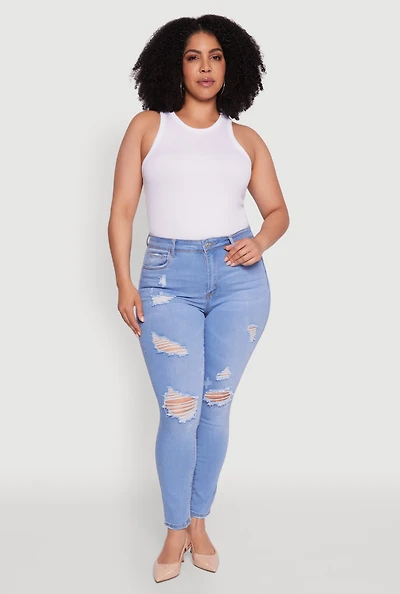 Womens Plus WAX High Waisted Distressed Frayed Skinny Jeans, Blue,
