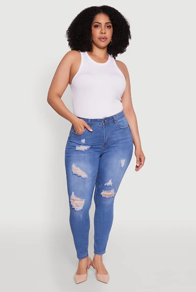Womens Plus WAX High Waisted Distressed Frayed Skinny Jeans, Blue,