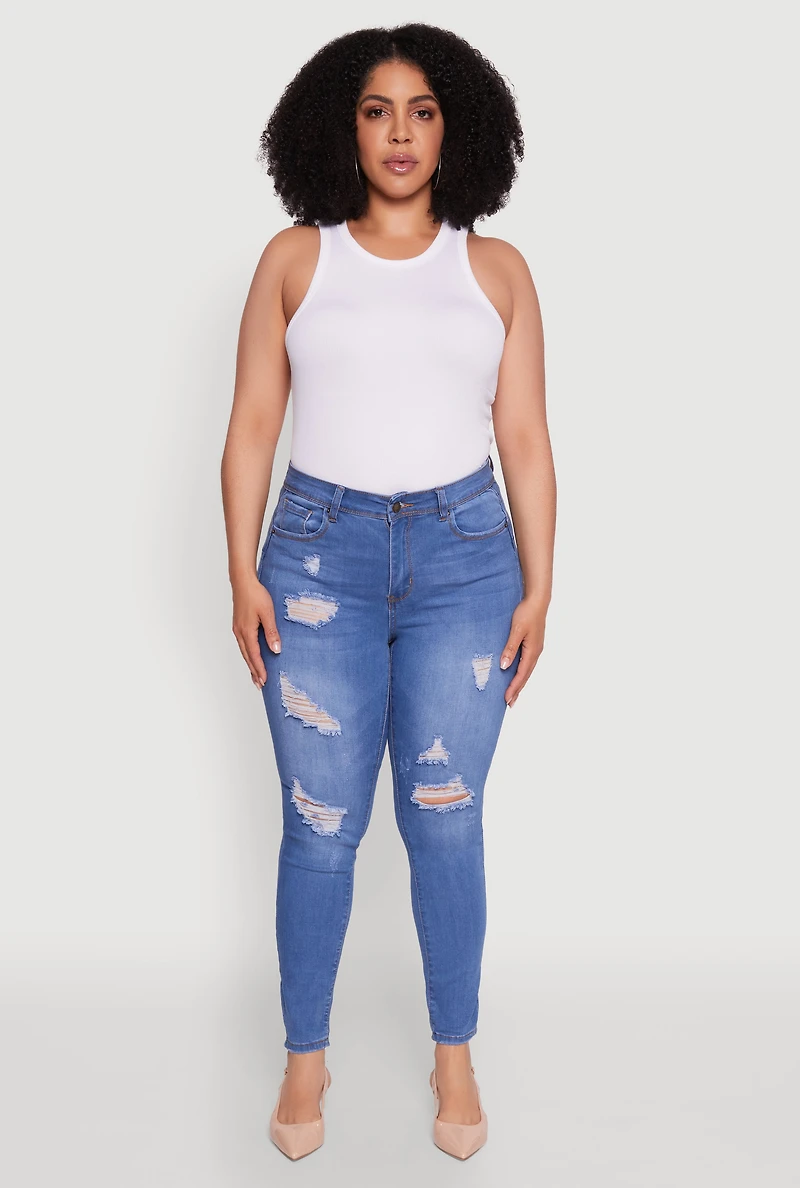 Womens Plus Size WAX High Waisted Distressed Frayed Skinny Jeans, Blue, Size 18