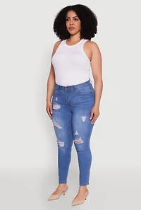 Womens Plus Size WAX High Waisted Distressed Frayed Skinny Jeans, Blue, Size 18