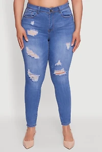 Womens Plus Size WAX High Waisted Distressed Frayed Skinny Jeans, Blue, Size 18