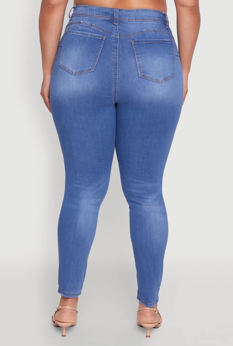 Womens Plus Size WAX High Waisted Distressed Frayed Skinny Jeans, Blue, Size 18