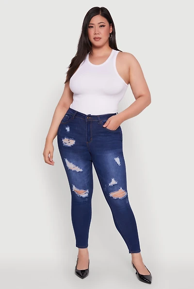 Womens Plus Size WAX High Waisted Distressed Frayed Skinny Jeans, Blue, Size 20