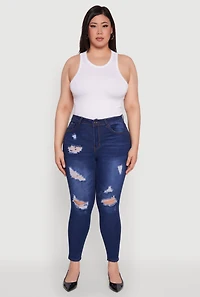 Womens Plus Size WAX High Waisted Distressed Frayed Skinny Jeans, Blue, Size 20