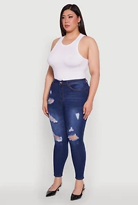 Womens Plus Size WAX High Waisted Distressed Frayed Skinny Jeans, Blue, Size 20