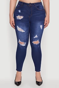 Womens Plus Size WAX High Waisted Distressed Frayed Skinny Jeans, Blue, Size 20