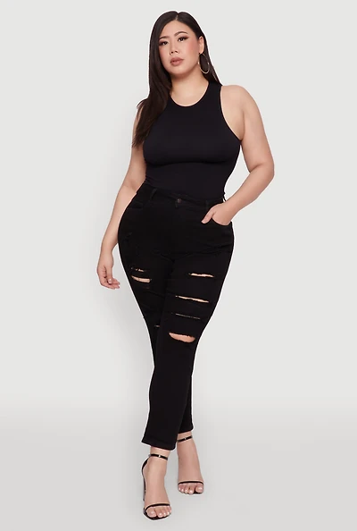 Plus WAX High Waist Whiskered Distressed Jeans