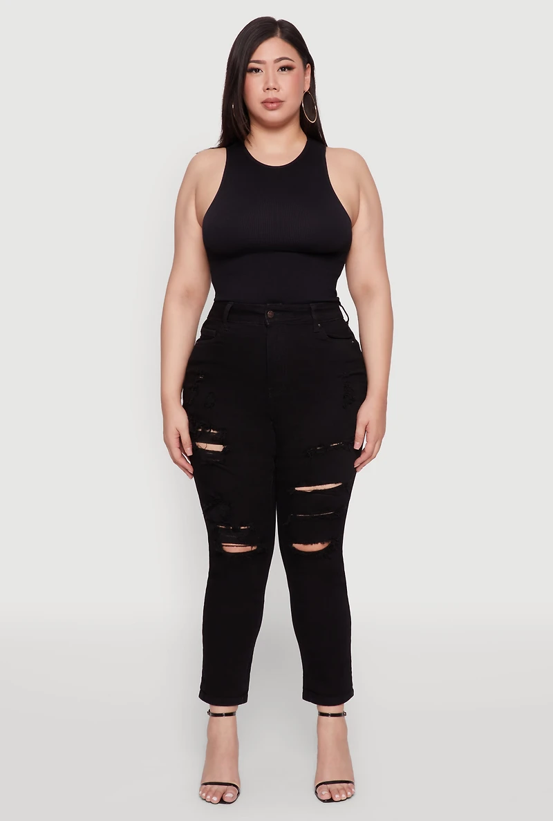 Womens Plus Size WAX High Waist Whiskered Distressed Jeans, Black, Size 16