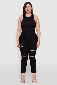 Womens Plus Size WAX High Waist Whiskered Distressed Jeans, Black, Size 16