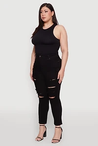 Womens Plus Size WAX High Waist Whiskered Distressed Jeans, Black, Size 16