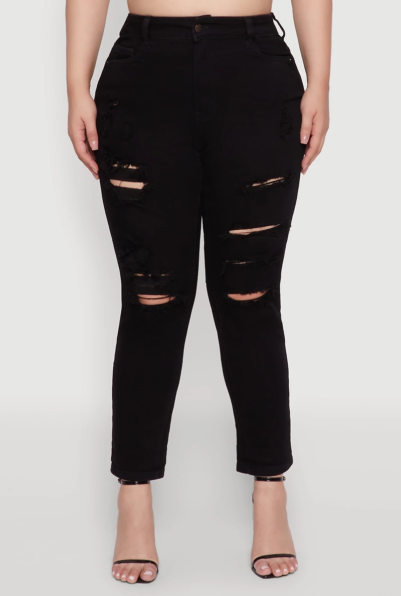 Womens Plus Size WAX High Waist Whiskered Distressed Jeans, Black, Size 16