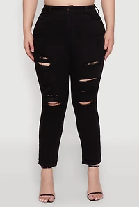 Womens Plus Size WAX High Waist Whiskered Distressed Jeans, Black, Size 16