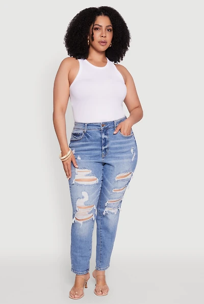 Womens Plus WAX High Waist Whiskered Distressed Jeans, Blue,