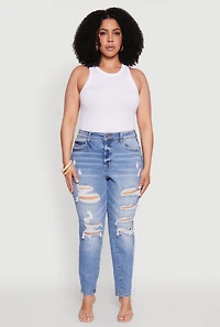 Womens Plus WAX High Waist Whiskered Distressed Jeans, Blue,