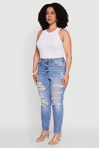 Womens Plus WAX High Waist Whiskered Distressed Jeans, Blue,