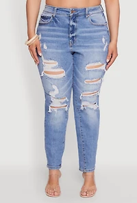 Womens Plus WAX High Waist Whiskered Distressed Jeans, Blue,